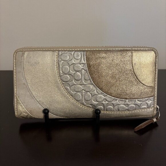 Coach Handbags - Coach Peyton Op Art Metallic Gold Silver Leather Suede Zip Around Wallet
